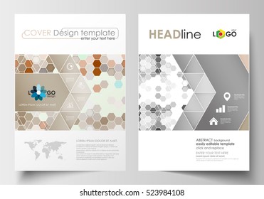 Business templates for brochure, magazine, flyer, booklet. Cover design template, easy editable blank, flat layout in A4 size. Abstract gray color background, hexagonal vector texture.