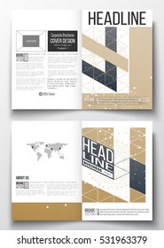 Business templates for brochure, magazine, flyer, booklet, report. Abstract polygonal low poly backdrop with connecting dots and lines, golden background, connection structure. Digital, science vector