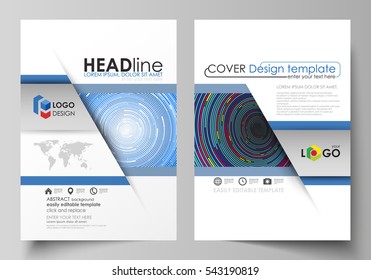 Business templates for brochure, magazine, flyer, report. Cover design template, abstract vector layout in A4 size. Blue color background in minimalist style made from colorful circles.