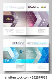 Business templates for brochure, magazine, flyer, booklet or annual report. Cover design template, flat layout in A4 size. Abstract triangles, blue triangular background, colorful polygonal vector.
