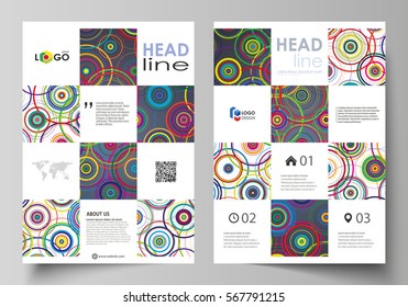 Business templates for brochure, magazine, flyer, booklet, report. Cover design template, abstract vector layout in A4 size. Bright color background in minimalist style made from colorful circles