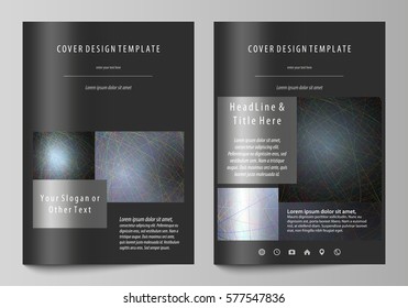 Business templates for brochure, magazine, flyer, booklet. Cover design template, vector layout in A4 size. Colorful dark background with abstract lines. Bright color chaotic, random, messy curves