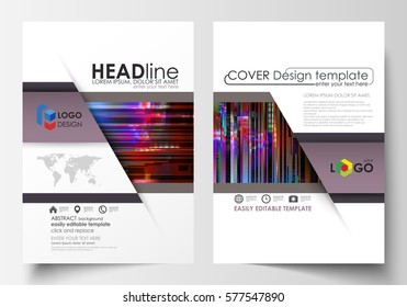 Business templates for brochure, magazine, flyer, annual report. Cover design template, abstract vector layout in A4 size. Glitched background made of colorful pixel mosaic. Trendy glitch backdrop