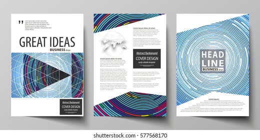 Business templates for brochure, magazine, flyer, booklet or report. Cover design template, abstract vector layout in A4 size. Blue color background in minimalist style made from colorful circles