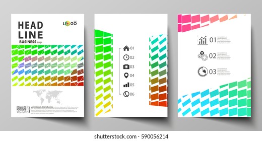 Business templates for brochure, magazine, flyer, annual report. Cover design template, vector layout in A4 size. Colorful rectangles, moving dynamic shapes forming abstract polygonal style background