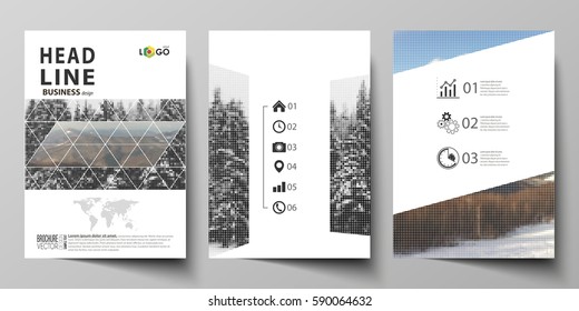 Business templates for brochure, magazine, flyer, booklet, report. Cover design template, vector layout in A4 size. Abstract landscape of nature. Dark color pattern in vintage style, mosaic texture