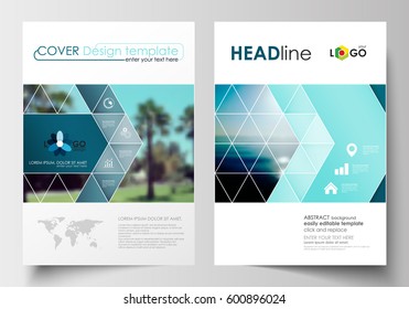 Business templates for brochure, magazine, flyer, booklet. Cover design, abstract flat style travel decoration layout in A4 size, easy editable vector template, colorful blurred natural landscape