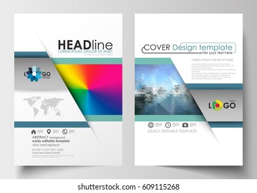 Business templates for brochure, magazine, flyer, booklet or annual report. Cover design, flat layout in A4 format. Abstract triangles, blue triangular background, modern colorful polygonal vector