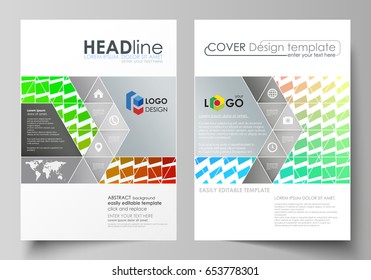 Business templates for brochure, magazine, flyer, annual report. Cover design template, vector layout in A4 size. Colorful rectangles, moving dynamic shapes forming abstract polygonal style background