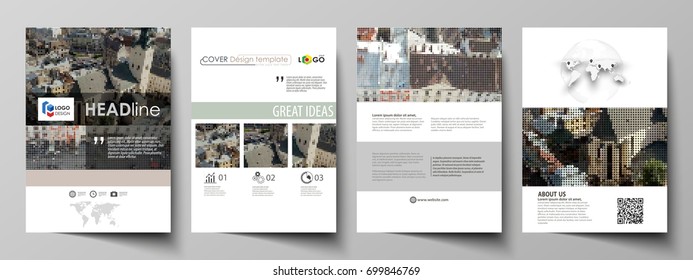 Business templates for brochure, magazine, flyer, report. Cover design template, abstract vector layout in A4 size. Colorful background made of dotted texture for travel business, urban cityscape.