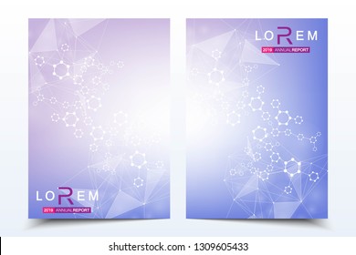 Business templates brochure, magazine, leaflet , flyer, cover, booklet, annual report. Scientific concept for medical, technology chemistry Hexagonal molecule structure Dna atom neurons