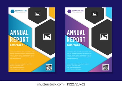 Business templates brochure, magazine, leaflet , flyer, cover, booklet, annual report. hexagon Scientific concept for medical, technology chemistry Hexagonal. place for photo, purple, yellow, and blue