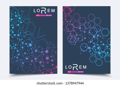 Business templates brochure, magazine, leaflet , flyer, cover, booklet, annual report. Scientific concept for medical, technology chemistry Hexagonal molecule structure Dna atom neurons