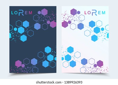 Business templates brochure, magazine, leaflet , flyer, cover, booklet, annual report. Scientific concept for medical, technology chemistry Hexagonal molecule structure Dna atom neurons