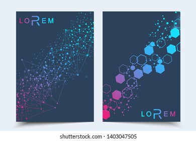 Business templates brochure, magazine, leaflet , flyer, cover, booklet, annual report. Scientific concept for medical, technology, chemistry. Hexagonal molecule structure. Dna, atom, neurons