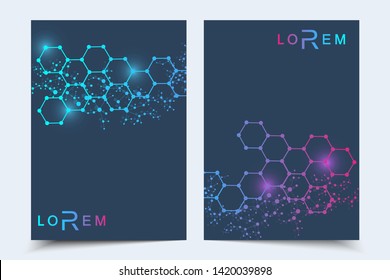 Business templates brochure, magazine, leaflet , flyer, cover, booklet, annual report. Scientific concept for medical, technology, chemistry. Hexagonal molecule structure. Dna, atom, neurons