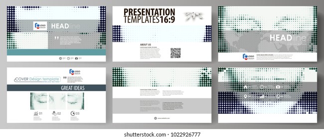 Business templates in HD format for presentation slides. Abstract design vector layouts. Halftone dotted background, retro style grungy pattern, vintage texture. Halftone effect, black dots on white.