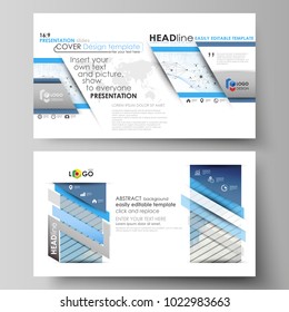 Business templates in HD format for presentation slides. Vector layouts. Blue color abstract infographic background in minimalist design made from lines, symbols, charts, diagrams and other elements.