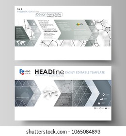 Business templates in HD format for presentation slides. Vector design layouts. Chemistry pattern, molecular texture, polygonal molecule structure, cell. Medicine, science, microbiology concept.