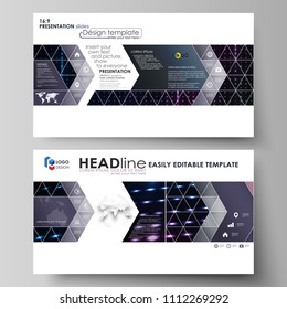 Business templates in HD format for presentation slides. Layouts in flat style. Abstract colorful neon dots, dotted technology background. Glowing particles, futuristic texture, digital vector design.