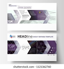 Business templates in HD format for presentation slides. Easy editable layouts in flat style, vector illustration. Abstract waves, lines and curves. Dark color background. Motion design.