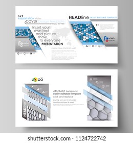 Business templates in HD format for presentation slides. Easy editable abstract vector layouts in flat design. Blue and gray color hexagons in perspective. Abstract polygonal style modern background.