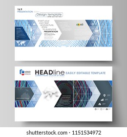 Business templates in HD format for presentation slides. Easy editable abstract vector layouts in flat design. Blue color background in minimalist style made from colorful circles.
