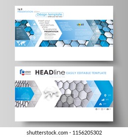 Business templates in HD format for presentation slides. Easy editable vector layouts in flat design. Blue and gray color hexagons in perspective. Abstract polygonal style modern background.