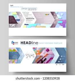 Business templates in HD format for presentation slides. Abstract vector design layouts. Bright color lines and dots, colorful minimalist backdrop, geometric shapes, beautiful minimalistic background.