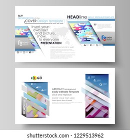 Business templates in HD format for presentation slides. Abstract vector design layouts. Bright color lines and dots, colorful minimalist backdrop, geometric shapes, beautiful minimalistic background.
