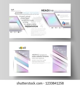 Business templates in HD format for presentation slides. Vector layouts in abstract design. Hologram, background in pastel colors with holographic effect. Blurred colorful pattern, futuristic texture.