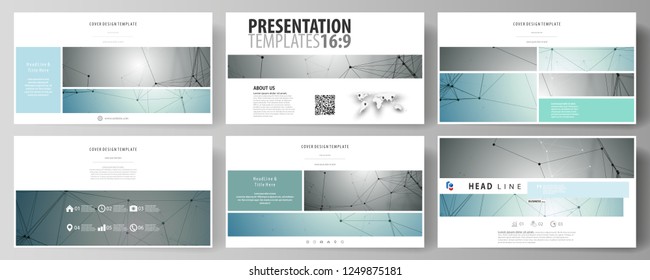 Business templates in HD format for presentation slides. Vector layouts in flat design. Geometric background, connected line and dots. Molecular structure. Scientific, medical, technology concept.