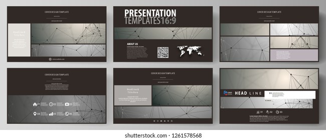 Business templates in HD format for presentation slides. Easy editable abstract vector layouts in flat design. Chemistry pattern, molecule structure on gray background. Science and technology concept.
