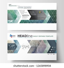 Business templates in HD format for presentation slides. Abstract layouts in flat design, vector illustration. Chemistry pattern, hexagonal molecule structure. Medicine, science, technology concept.