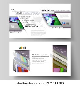 Business templates in HD format for presentation slides. Abstract vector layouts in flat design. Glitched background made of colorful pixel mosaic. Digital decay, signal error, television fail.