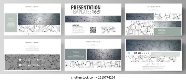 Business templates in HD format for presentation slides. Vector design layouts. Chemistry pattern, molecular texture, polygonal molecule structure, cell. Medicine, science, microbiology concept.