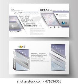 Business templates in HD format for presentation slides. Easy editable abstract layouts in flat design. Molecule structure on blue background. Science, healthcare, medical vector.