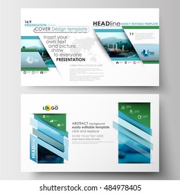 Business templates in HD format for presentation slides. Flat design blue color travel decoration layout, easy editable vector template, colorful blurred natural landscape.