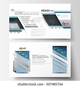 Business templates in HD format for presentation slides. Easy editable layouts in flat design. Chemistry pattern, hexagonal molecule structure. Medicine, science, technology concept.