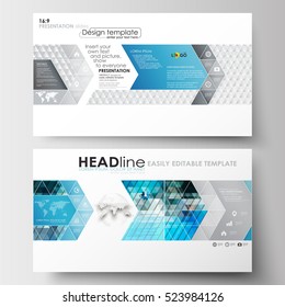 Business templates in HD format for presentation slides. Easy editable layouts in flat design. Abstract triangles, blue and gray triangular background, modern colorful polygonal vector