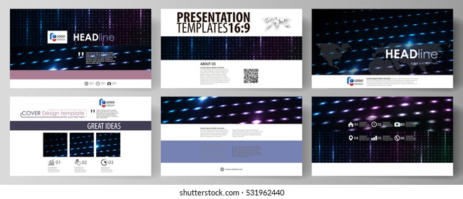 Business templates in HD format for presentation slides. Layouts in flat style. Abstract colorful neon dots, dotted technology background. Glowing particles, futuristic texture, digital vector design.