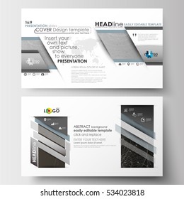 Business templates in HD format for presentation slides. Easy editable layouts in flat design. Abstract 3D construction and polygonal molecules on gray background, scientific technology vector