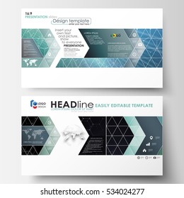 Business templates in HD format for presentation slides. Easy editable layouts in flat design. Chemistry pattern, hexagonal molecule structure. Medicine, science, technology concept