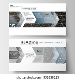Business templates in HD format for presentation slides. Easy editable layouts in flat design. Abstract 3D construction and polygonal molecules on gray background, scientific technology vector.