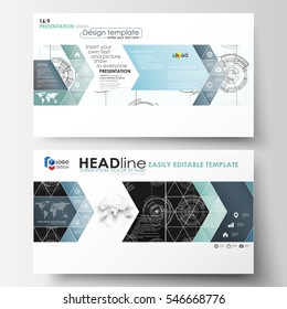 Business templates in HD format for presentation slides. Easy editable layouts. High tech design, connecting system. Science and technology concept. Futuristic abstract vector background.