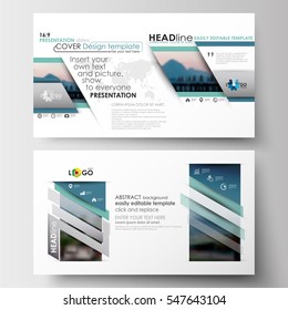 Business templates in HD format for presentation slides. Flat design blue color travel decoration layout, easy editable vector template, colorful blurred natural landscape.