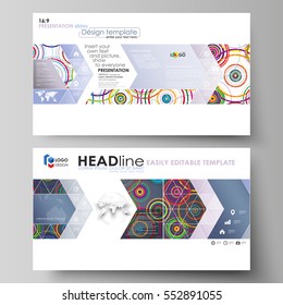 Business templates in HD format for presentation slides. Easy editable abstract vector layouts in flat design. Bright color background in minimalist style made from colorful circles.