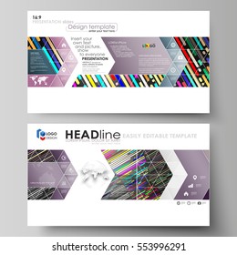 Business templates in HD format for presentation slides. Easy editable vector layouts in flat design. Colorful background made of stripes. Abstract tubes and dots. Glowing multicolored texture.