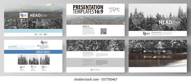 Business templates in HD format for presentation slides. Easy editable vector layouts in flat design. Abstract landscape of nature. Dark color pattern in vintage style, mosaic texture