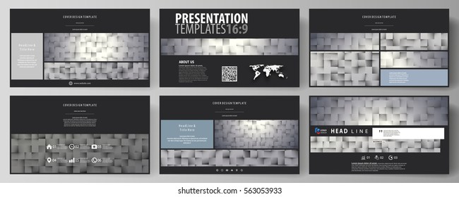 Business templates in HD format for presentation slides. Easy editable abstract vector layouts in flat design. Pattern made from squares, gray background in geometrical style. Simple texture